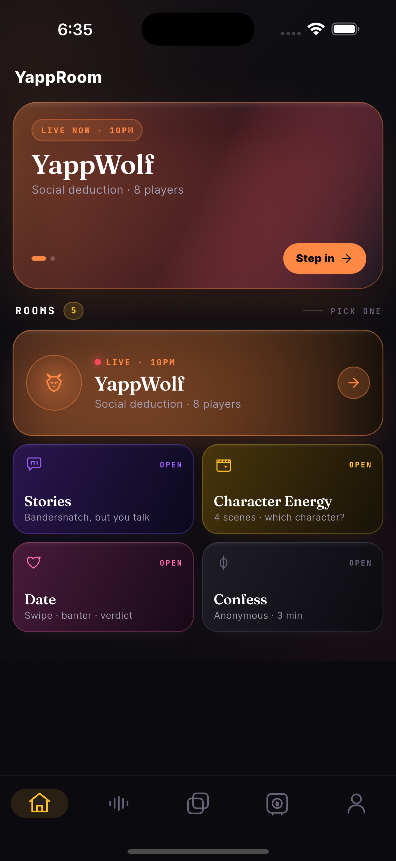 YappRoom home, the play lobby