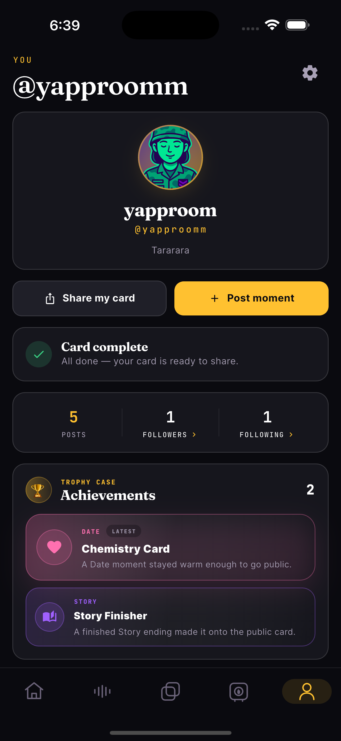 Profile, your status card